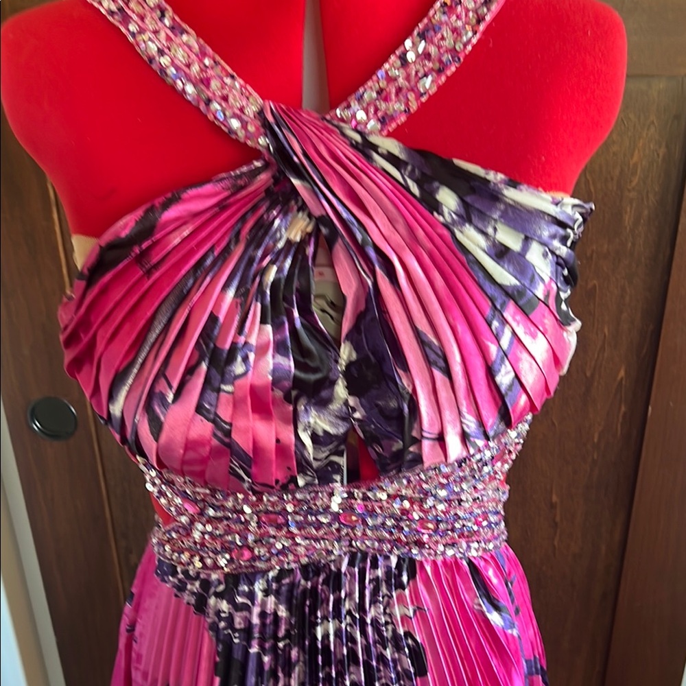 David's Bridal Vibrant Pink and Purple Midi Dress - Picture 2 of 6